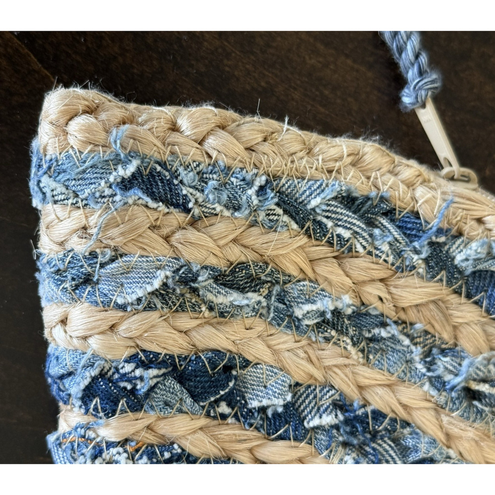SHIRALEAH Chicago Jute/Cotton Crescent Burlap Blue/Tan Clutch Bag Vacation Beach - Picture 10 of 14